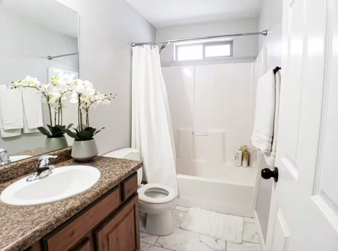 Full bathroom with granite vanity, tub-shower combo and white orchid arrangement
