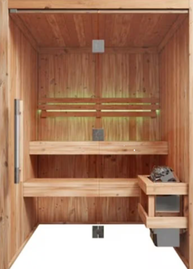 Private cedar sauna with tiered benches, glass door and built-in LED lighting