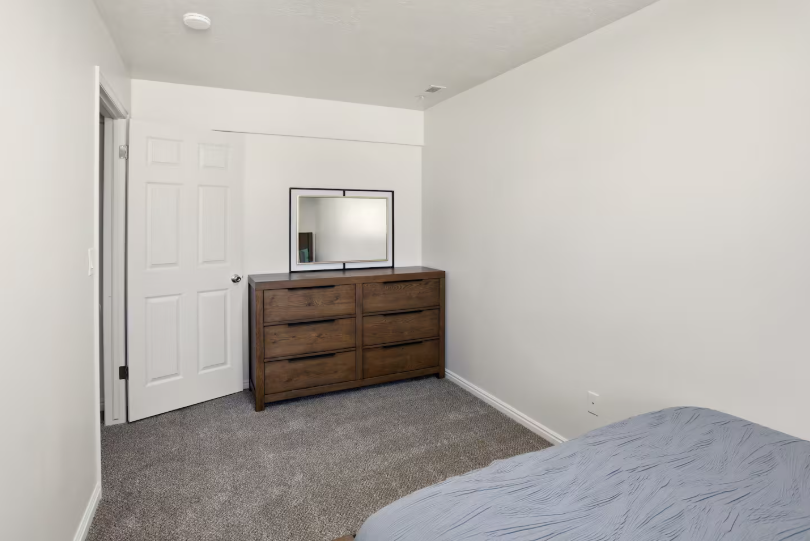 Lower level bedroom with dark wood dresser, mirror and gray carpet