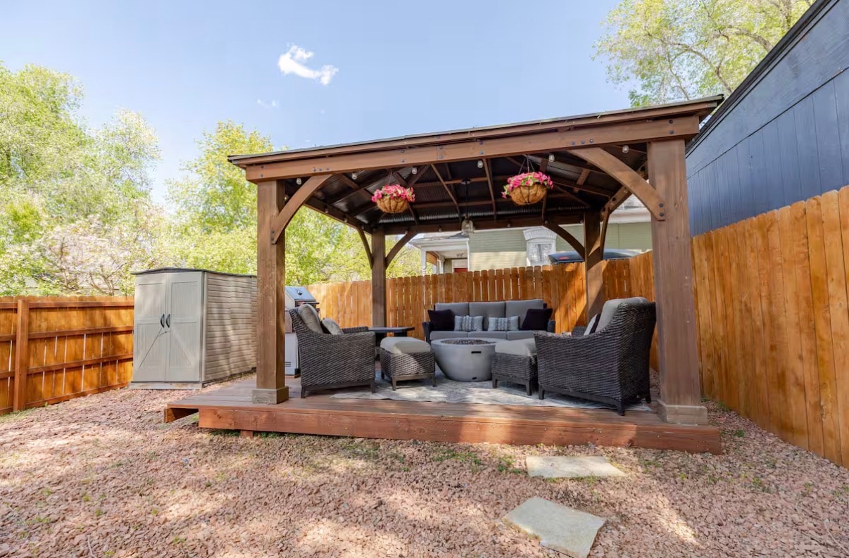 Backyard with gazebo and BBQ grill