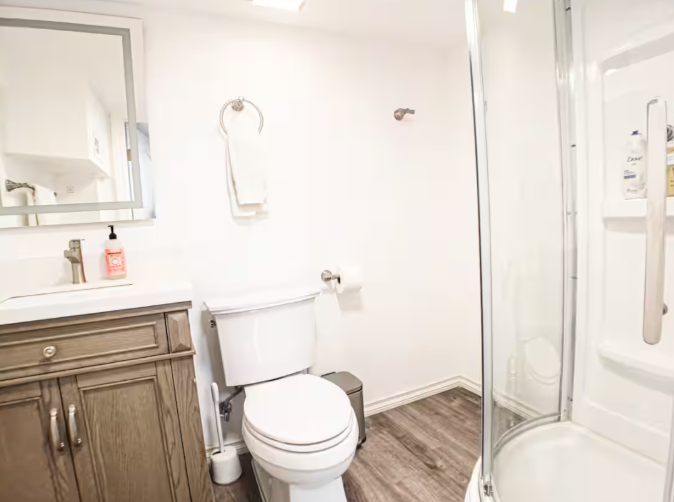 Bathroom with wood vanity, curved glass shower enclosure, and wood-look floors