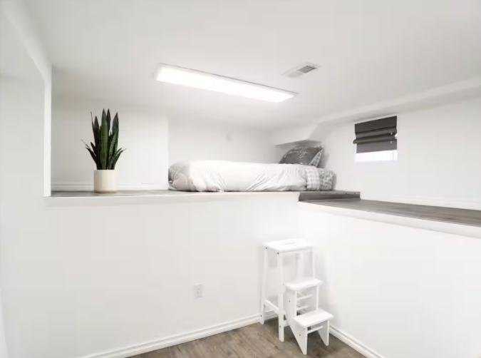 Minimalist loft sleeping area with snake plant and roman shade window