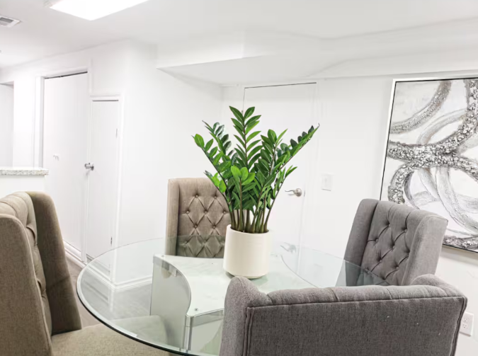 Bright lounge room with glass dining table, tufted chairs, and large plant