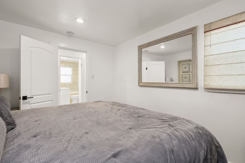 King bedroom with mirror and en-suite access